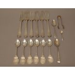 Silver flatware comprising six Old English pattern table forks, various dates,