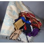 Textiles including; a beige felt rug, a damask panel and further sundry items, (qty).