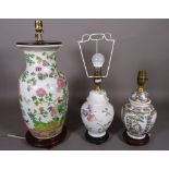 A group of three 20th century Chinese baluster vases, converted to lamps of various sizes,