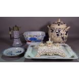 Ceramics, including; ironstone tureen, lacking lid, creamware ink stand,