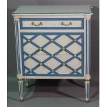 A 20th century blue and white painted drawer chest with lattice decorated drawers on fluted