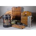 Collectables including; two 19th century oak spoon racks, armorial painted shot carrier,