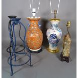 Lighting assorted to include; Chinese orange ground lamp base, modern decalcomania style lamp,