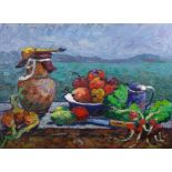 Michail Vladimirovich Matorin (1901-1976), Still life of peppers and radishes on a ledge,