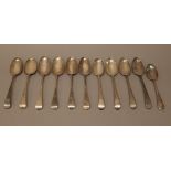 Silver Old English pattern table flatware, comprising; five bottom marked table spoons,