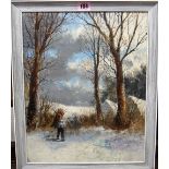 English School (19th/20th century), A faggot gatherer in a winter landscape, oil on board, 39.