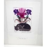 Juliette Ramade (French Contemporary), Sous les Iris (cats), etching, signed and numbered 80/99,