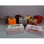A quantity of 20th century decorative tissue box holders in leather, metal, wood and sundry, (qty).