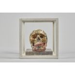 Untitled, decoupage decorated plaster skull, unsigned, on a marble plinth, housed under a square,