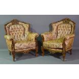 A set of four 20th century hardwood framed armchairs with button back gold floral upholstery,