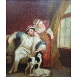 English School (19th century), Interior with Sir Walter Raleigh, his wife and dogs, oil on canvas,