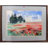 Nina C Grove, (late 20th century) Poppy field; Barn interior, two watercolours, both signed,