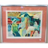 French School (20th century), Street cafe, colour lithograph,