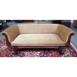 A 19th century mahogany framed scroll end sofa on carved lions paw feet, 204cm wide x 74cm high.