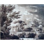 After Claude Lorrain, Classical landscape, pen, ink and sepia wash, 16cm x 18.5cm.