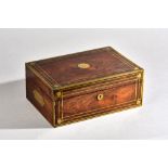 A 19th century French brass mounted rosewood toilet box with fitted interior, 33cm wide x 14cm high.