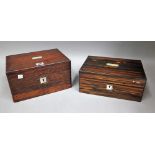 A Victorian mother-of-pearl inlaid rosewood toilet box, with side sprung drawer,
