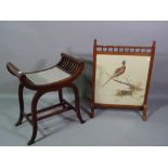 An Edwardian inlaid mahogany 'X' frame stool, together with a fire screen,