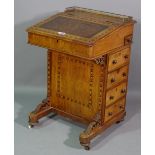 A late Victorian inlaid walnut Davenport with four side drawers, 54cm wide x 81cm high.