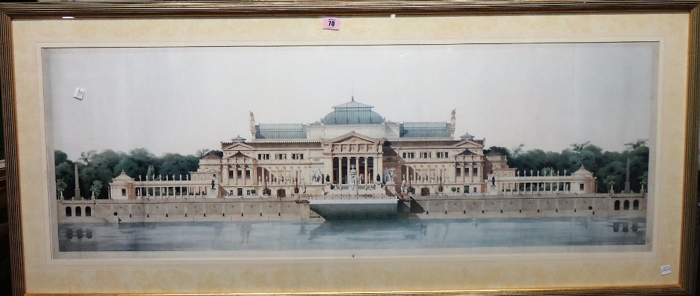 A reproduction print of a prospect of a 19th century waterside palace, 45.5cm x 119.5cm.