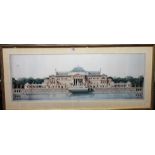 A reproduction print of a prospect of a 19th century waterside palace, 45.5cm x 119.5cm.