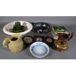 Ceramics, comprising; a Spode Copeland bowl, a group of ten Art Nouveau green tiles,