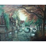 Attributed to Victor Gilsoul (1867-1939), Canal scene, Bruges, oil on canvas, 88cm x 113cm.