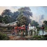 Manner of Richard Ansdell, A log cart crossing a ford, oil on canvas, bears a signature,