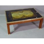A 20th century campaign style coffee table with nautical theme glass top, 89cm wide x 37cm high.