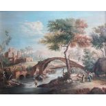 Italian School (18th/19th century), A Classical Italianate landscape with figures near a bridge,