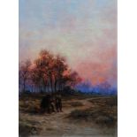 C. Fischer (19th century), Figures on a path at sunset, oil on canvas, signed, 29cm x 21cm.