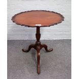 A George III mahogany pie-crust snap top tripod occasional table, 65cm diameter x 70cm high.