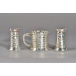 A plated novelty three piece condiment set, comprising; a mustard pot and a pair of pepperettes,