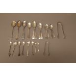 Silver flatware, comprising; two pairs of sugar tongs, three condiment spoons,