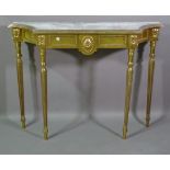A 20th century giltwood concave console table with inset mirrored top on fluted tapering supports,