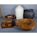 Decorative objects including; a naturalistic wooden bowl, large pottery vase,