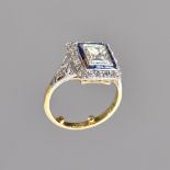An 18ct gold, diamond and synthetic sapphire set rectangular ring,