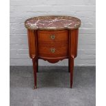 A Louis XVI style petite commode, the shaped brass galleried marble top over a pair of drawers,