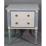 A 20th century blue and white painted two drawer side table on fluted tapering supports,