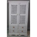 A 20th century grey painted side cabinet with lattice doors over four short drawers,