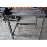 A 20th century steel work bench with fixed vice, 88cm wide x 80cm high,