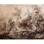 Circle of Thomas Gainsborough, Wooded landscape, pencil and sepia wash, 18.5cm x 23.5cm.