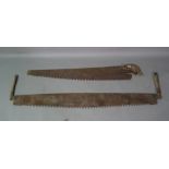 A large single man crosscut saw, 136cm long and a double man crosscut saw, 166cm long, (2).