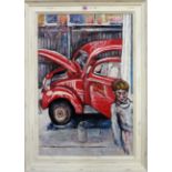 Manner of John Bratby, Morris Minor with child, oil on canvasboard, bears inscription on reverse,