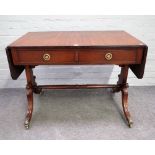 A late George III mahogany two drawer sofa table, on four downswept supports, 98cm wide x 72cm high.