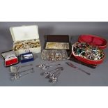 A quantity of mostly 20th century costume jewellery and a quantity of silver plated flatware, (qty).