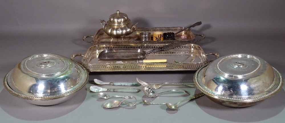 Silver plated wares, including; a pair of rectangular galleried trays, entree dishes and sundry,
