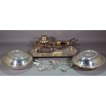 Silver plated wares, including; a pair of rectangular galleried trays, entree dishes and sundry,