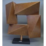 'Mobian Curve', gilt patinated sheet metal sculpture of angular form, unsigned, on a marble plinth,
