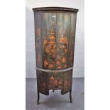 A George III and later bowfront green lacquer chinoiserie decorated floor standing corner cabinet,